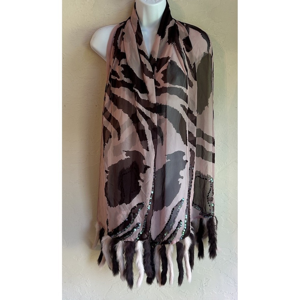 Sheer Silk Scarf Wrap Rabbit Fur Tassel Sequin Retro Glam Maximalist‎ Bohemian